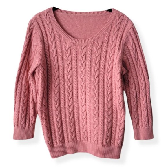 VINTAGE Pink Chunky Cable Knit Scoop Neck Sweater Pullover - Picture 1 of 11